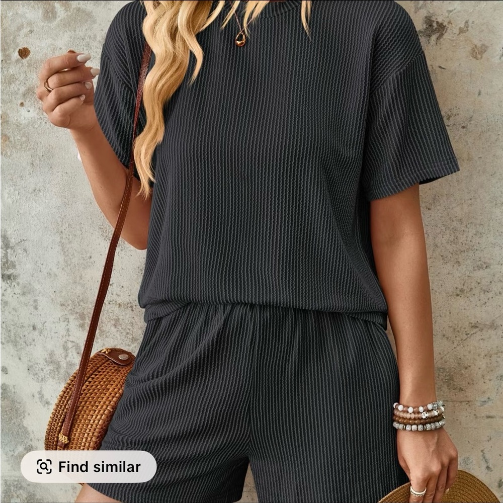 Black Ribbed Short Sleeve Matching Set